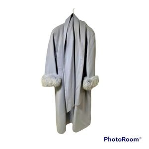 Vintage John Weitz Wool Coat Rabbit Fur Trim Union Made Light Blue/gray